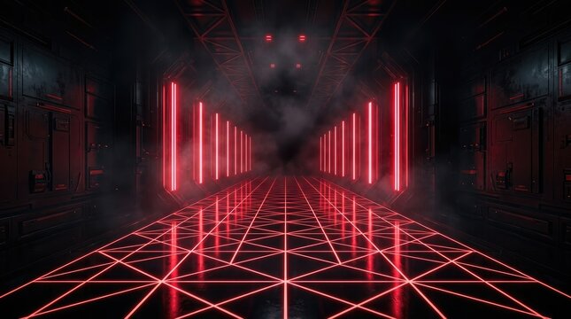 Futuristic corridor with neon red laser beams and geometric reflective floor in dark smoky space sci fi corridor