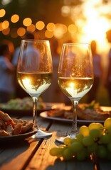 Fototapeta premium Two glasses filled with white wine sit on a wooden table. Appetizers and grapes are nearby. People gather in background with bokeh lights during sunset.