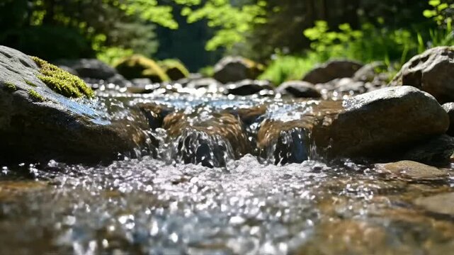 Crystal clear mountain stream flowing over mossy rocks in lush forest, serene nature background, for meditation and relaxation