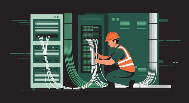 IT technician installing network cables in server room with large datacenter equipment.
