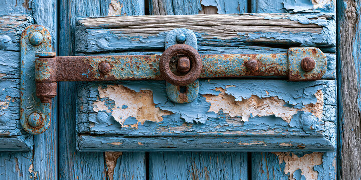 Old rusted metal bar lock on weathered blue wooden door