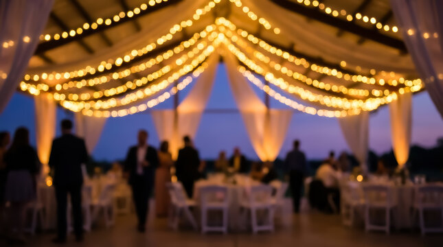 Blurred wedding reception venue at dusk with string lights and guests