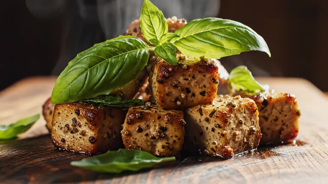 Seared seasoned tofu cubes stacked on a rustic wooden cutting board with fresh green basil leaves and visible rising steam. Fried plant-based protein with herbs and spices.