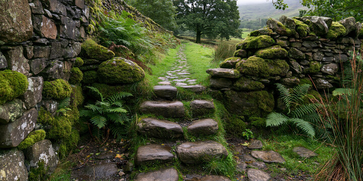 Stone Steps Leading Through Mossy Wall with Lush Green Landscape