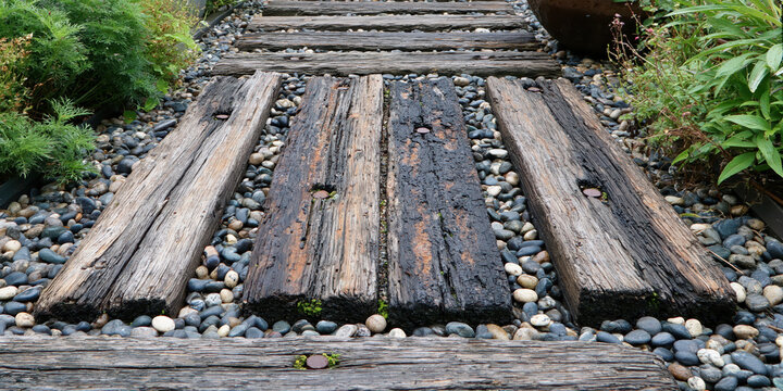 Rustic wooden path with pebbles and greenery