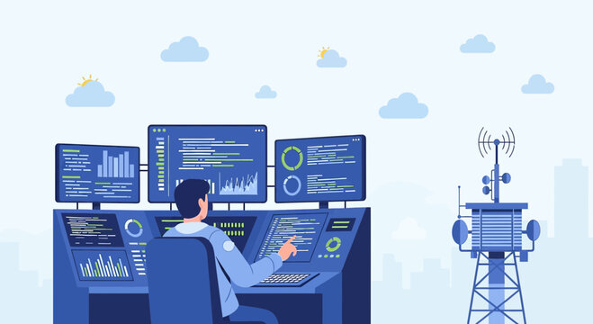 IT professional monitoring data on multiple screens near communication tower
