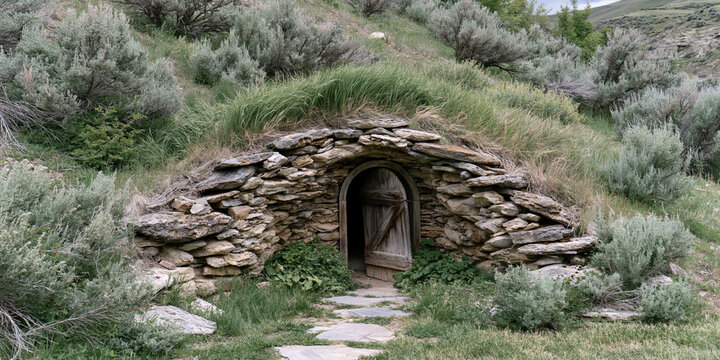 Stone Hobbit-Style Dwelling in a Lush Mountain Landscape