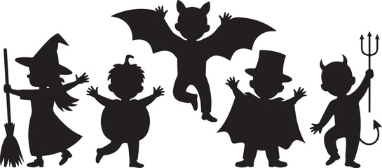Fototapeta premium Black silhouettes of children dressed in Halloween fancy costumes to go trick or treating and celebrate Halloween party, flat cartoon vector illustration isolated on white background