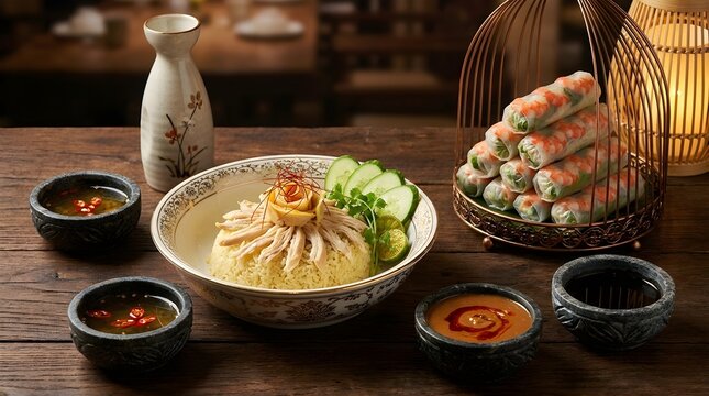 Delicious vietnamese spring rolls and seafood salad arranged on a rustic wooden table, a culinary delight for food lovers