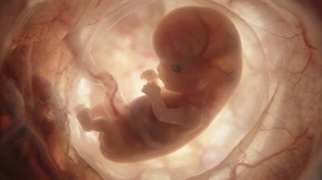 Intrauterine human growth: embryo form, fetus being, womb gestation, cell division, amniotic sac, prenatal develop, biological life, medical concept, anatomy study.