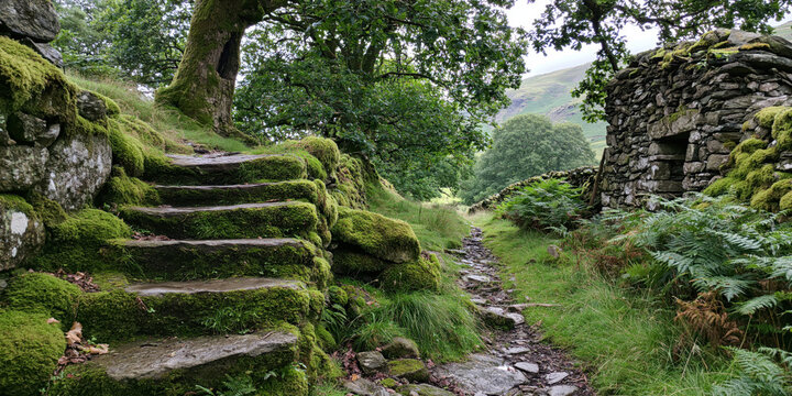 Moss-Covered Stone Steps Leading Through a Lush Forest Path