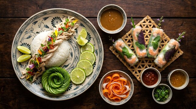 Delicious vietnamese spring rolls with dipping sauce, fresh herbs, and lime wedges arranged on a rustic wooden table