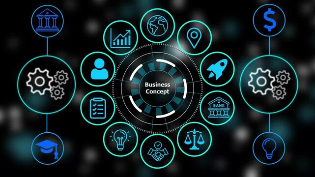 Business and technology interface with glowing blue and gear symbols arranged in a circular pattern on a dark background