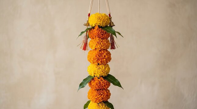 Traditional marigold flower garland hanging decoration for festive celebration and spiritual ritual with marigold