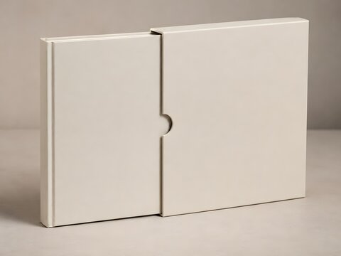 Blank book in slipcase mock up, white hardcover book and box.