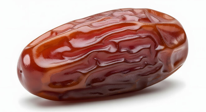 Single ripe Medjool date fruit close up on white