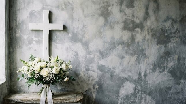 White wooden cross standing behind flower bouquet on rustic stone wall background with religion christian spiritual