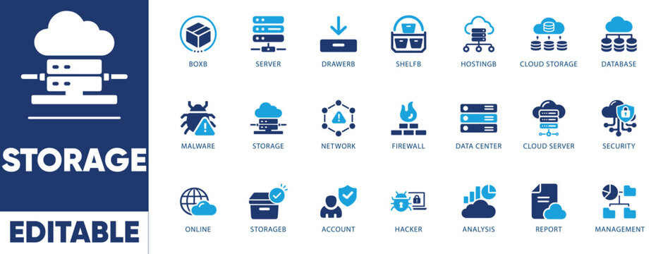 Cloud storage and server icon set vector for data center, database, cybersecurity, firewall, hosting and UI design.