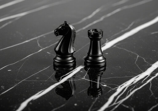 Black chess knight and rook on marble surface