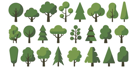 Set of flat trees icons for landscape design projects in various styles and sizes on transparent base © MdOmar