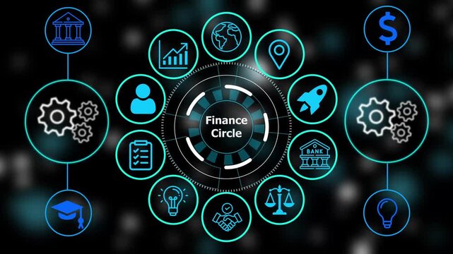 Digital interface with glowing cyan representing business strategy and technology development on a dark background with gear symbols