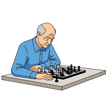 An elderly man concentrating on a game of chess