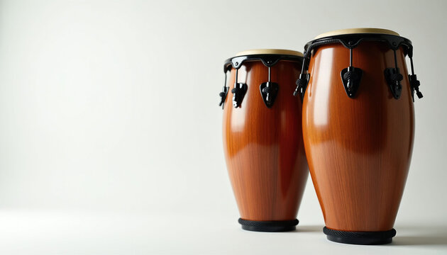 Two wooden conga drums stand on a white studio floor. The polished brown instruments have black hardware and natural skin heads. They are arranged for percussion performance.