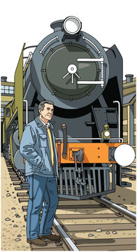 A man stands beside a vintage locomotive at a railway station