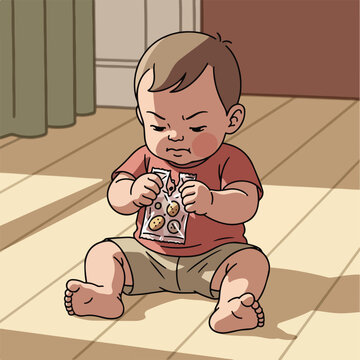 Frowning baby tries to open snack bag