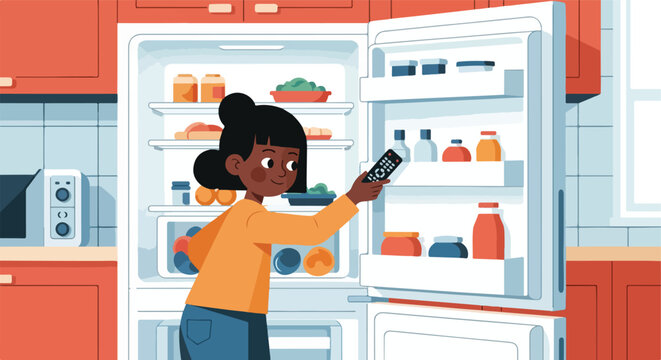 A person holding a remote control stands before an open refrigerator