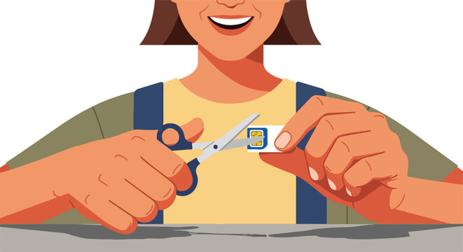 Person cutting a SIM card with scissors to resize it