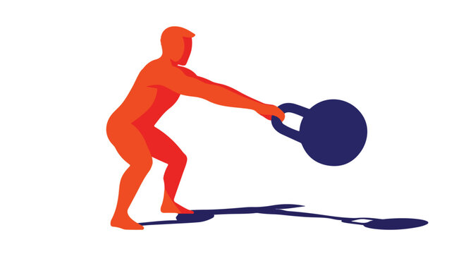 Figure in orange and blue lifts a kettlebell