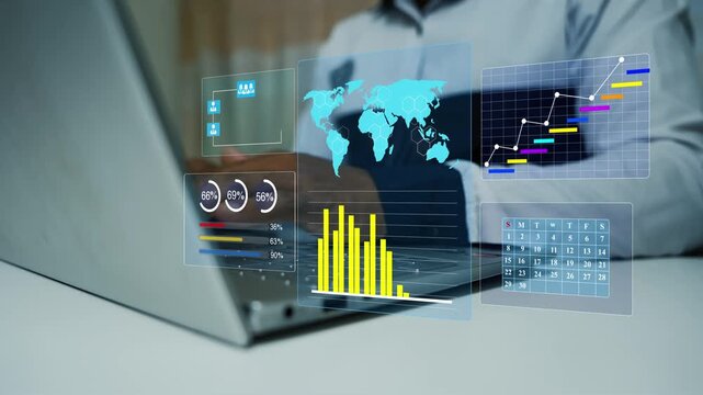 Business person working on a laptop with hologram floating data charts, world map and calendar overlay animation, Digital business analytics global planning and modern office