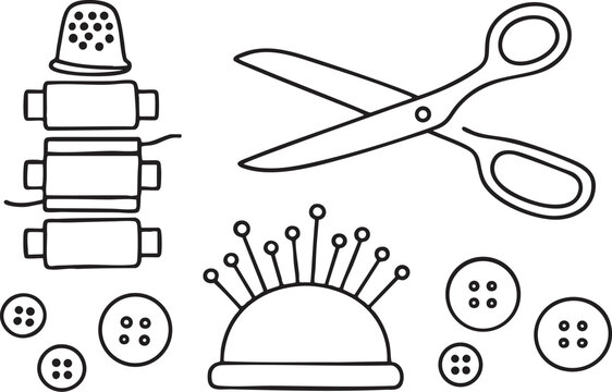 Set of sewing tools with scissors thimble spools of thread and buttons icon set