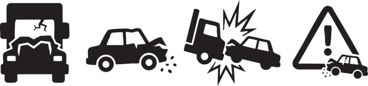 Black and white car accident and vehicle collision icons set for road safety design