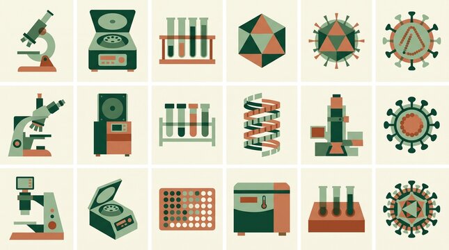 Scientific research laboratory equipment and virus icons, a comprehensive collection of biology and chemistry tools, medical science vector illustrations for healthcare and education.