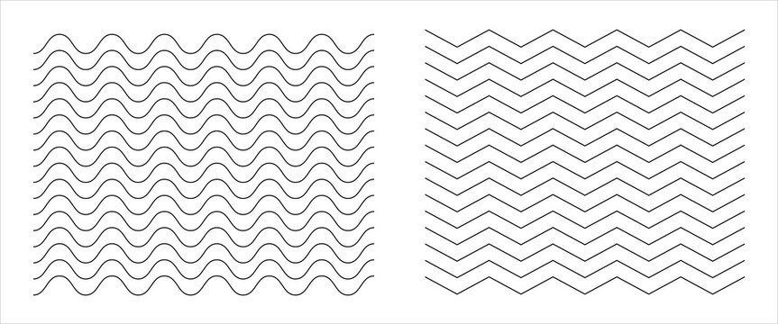 Wavy lines pattern vector element, wave ripple thin line strokes simple zigzag texture set, stream zig zag background backdrop image clip graphic illustration