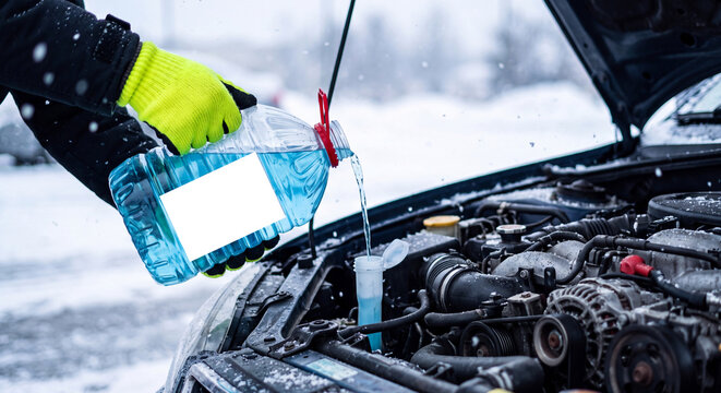 car on the rWinter Windshield Washer Fluid Refill for Car Maintenanceoad