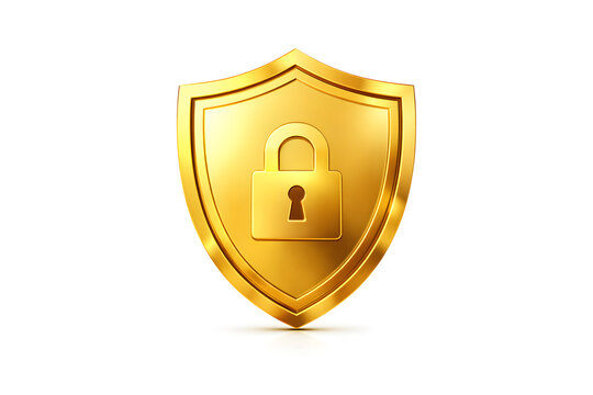 Gold cybersecurity shield with digital lock icon. Secure data protection symbol for online safety and encryption technology.