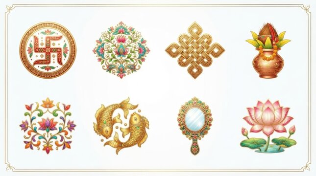Set of traditional Indian auspicious symbols. Hindu religious icons and cultural motifs.