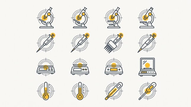 Science laboratory equipment vector icon set, essential research tools, medical and chemical lab instruments, scientific experiment apparatus collection