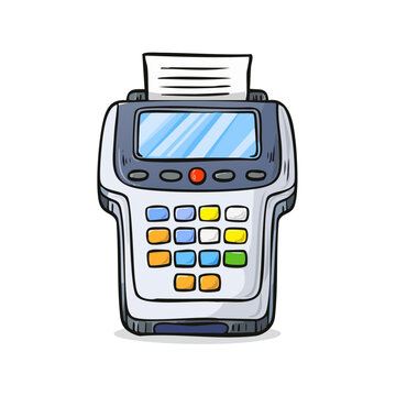 Cartoon style drawing of a portable credit card reader machine with a paper receipt