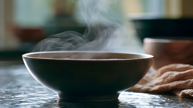 A steaming bowl of hot soup sits on a textured surface with soft background elements and warm ambient lighting