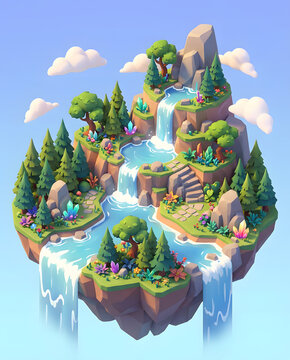 Floating Isometric Fantasy Island with Waterfalls, Trees and Magical 3D World Design
