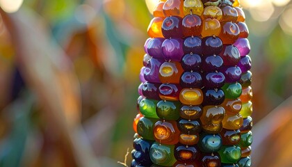 Obraz premium Vibrant Glass Gem Corn Cob with Translucent Rainbow Kernels Close-up