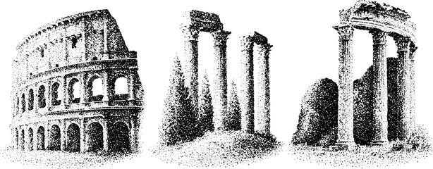 Fototapeta premium Vintage engraved set of ancient amphitheatres colosseum columns and classical ruins for historical background and poster design