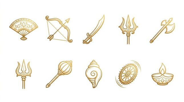 Set of golden Hindu religious symbols. Traditional Indian cultural icons and divine weapons.