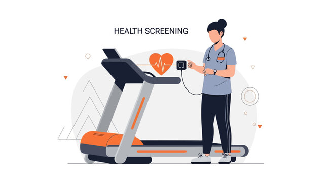 Doctor performing health screening on treadmill with heart rate monitor