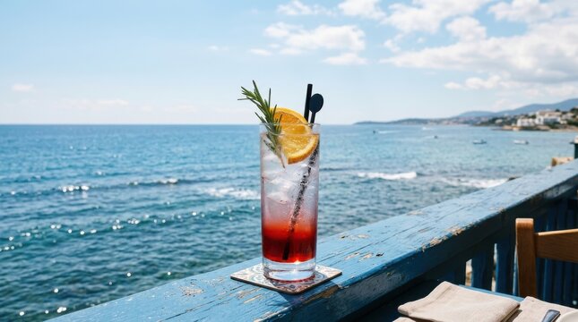 Refreshing cocktail on a seaside balcony. Summer drink served at an oceanfront restaurant.