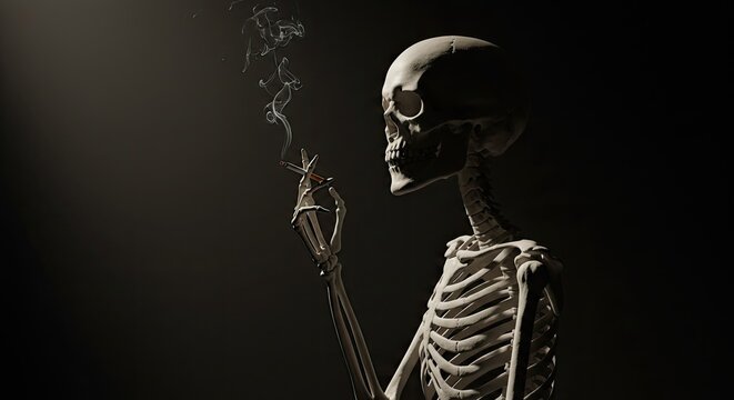 Skeleton smoking in dramatic lighting concept of mortality and health